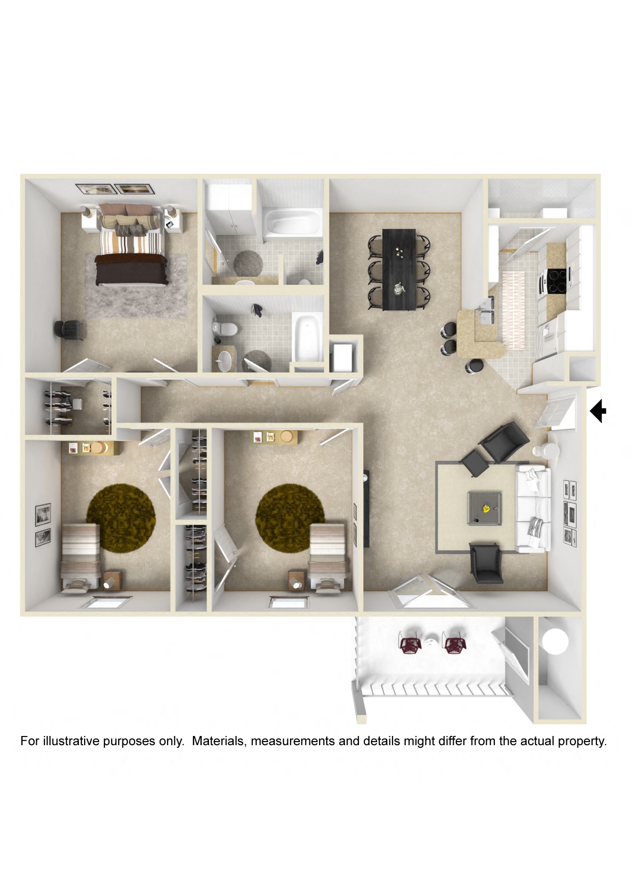 Floor plan for 3 beds, 2 baths, 1408 sqft